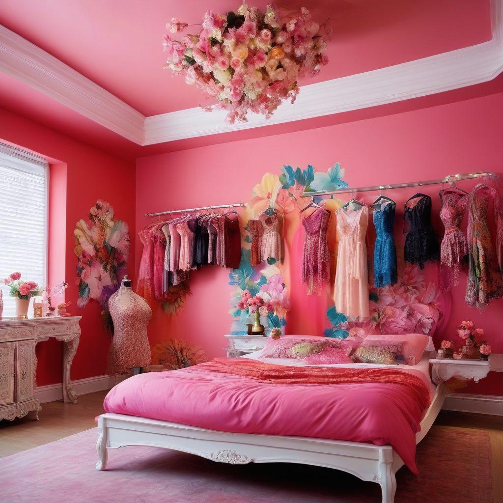 A stylish boutique showcasing a stunning array of bikinis and sensual lingerie, with mannequins elegantly dressed in vibrant colors and playful patterns. The background should feature soft lighting and delicate fabrics cascading from the ceiling, creating an inviting atmosphere for fashion discovery. Include decorative elements like flowers and soft pillows that enhance a sense of comfort and allure. elegant. vibrant colors. soft lighting.